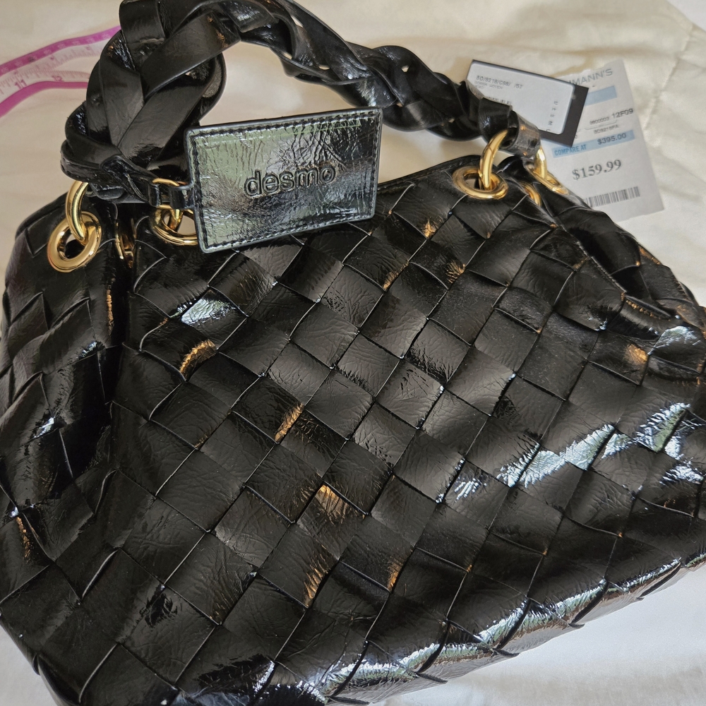 Desmo Genuine Italian Leather, Patent Leather, Black Woven Leather Bag